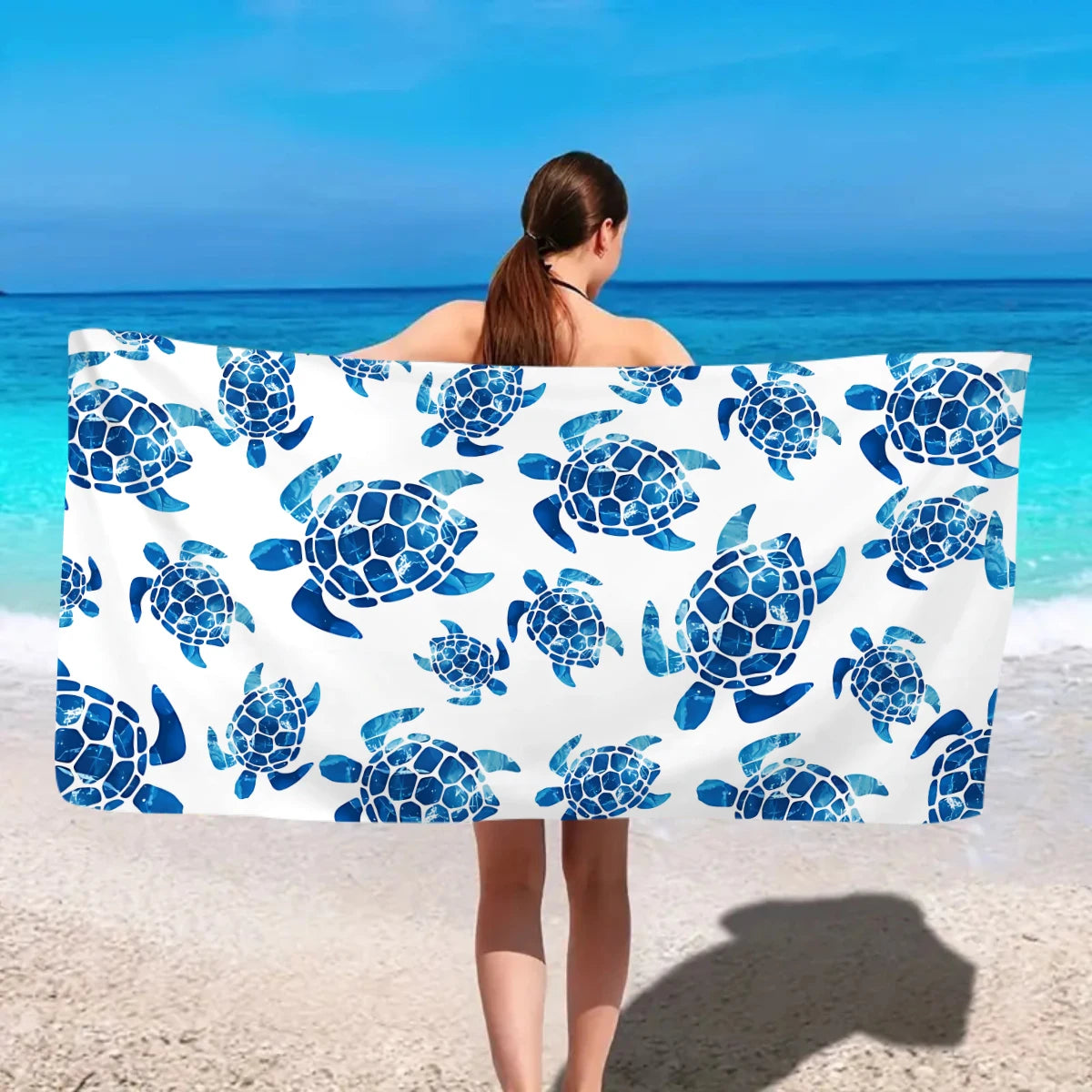 Großes Strandtuch mit Ozean-Motiv – Schildkröte, Seestern & Muschel Print | Schnell Trocknendes Saugfähiges Mikrofaser Strandtuch