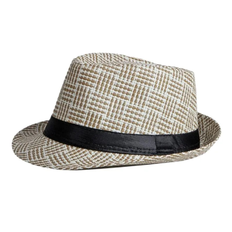 Retro Sonnenhut – Britischer Top Hat Stil, Geometrischer Strohhut mit Gürtel, Unisex Strand & Partner Fedoras Kaufschwan® Streifen Khaki 56- 58cm