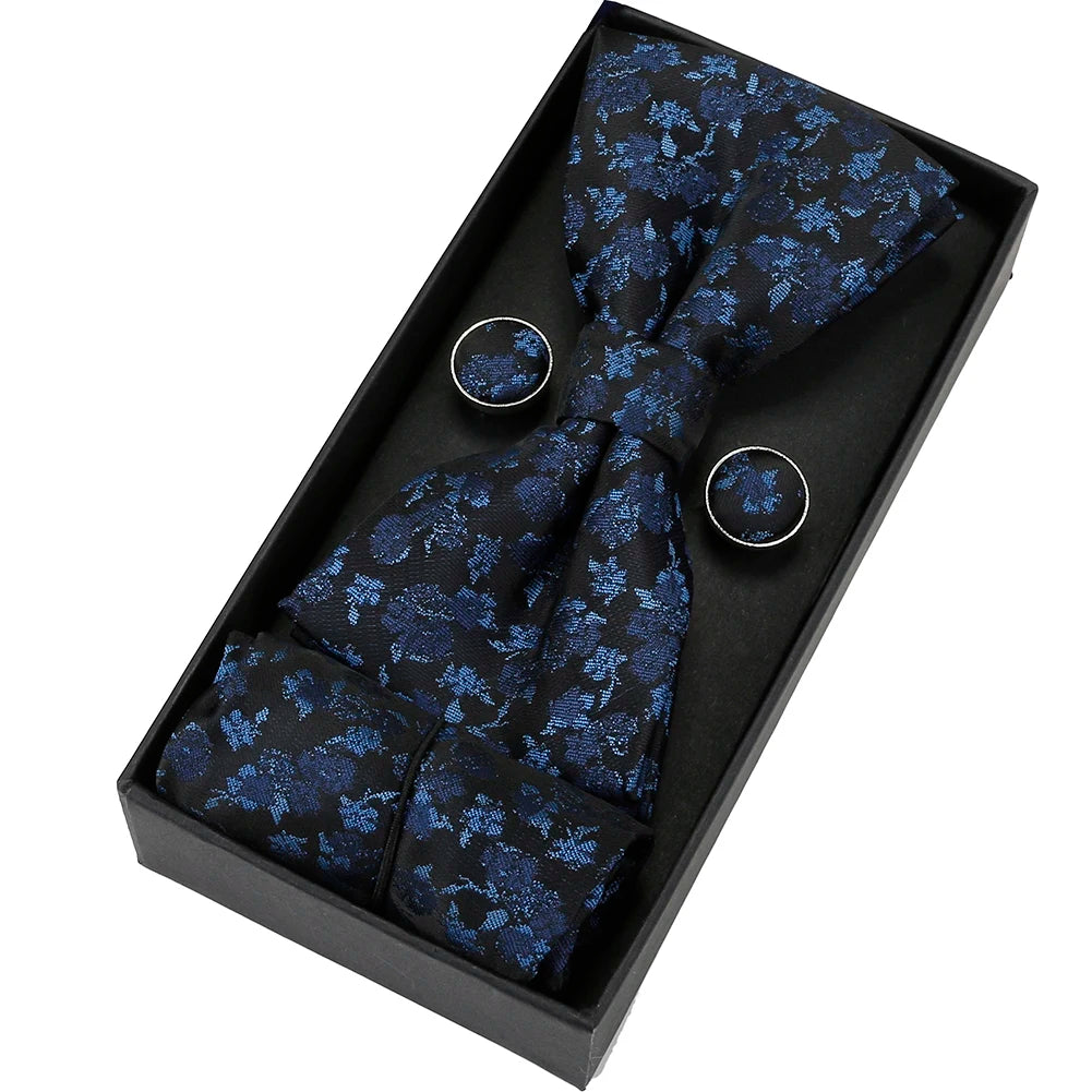 Herren Fliegen-Set mit Blumen-Paisley-Muster – 3-teiliges Geschenkset mit Fliege, Einstecktuch & Manschettenknöpfen | Elegantes Accessoire für Hochzeit & Business Kaufschwan® Dunkelblau mit violettem Schimmer