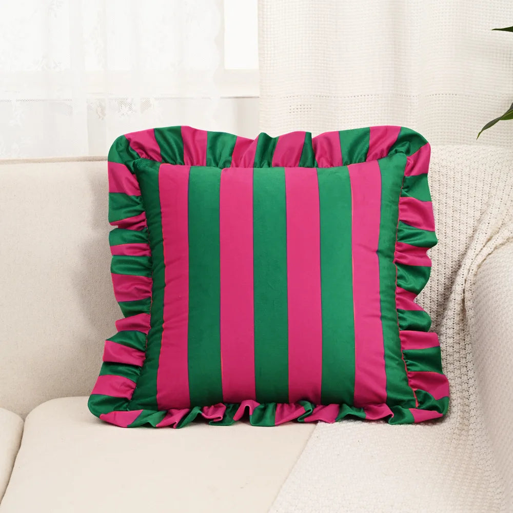 Gestreiftes Samtkissen mit Lotusblatt-Rüsche | Prinzessin Gestreiftes Quadratisches Kissen für Sofa & Stuhl | Wohnraum-Deko 45x45cm Kaufschwan® Design 4 45X45cm