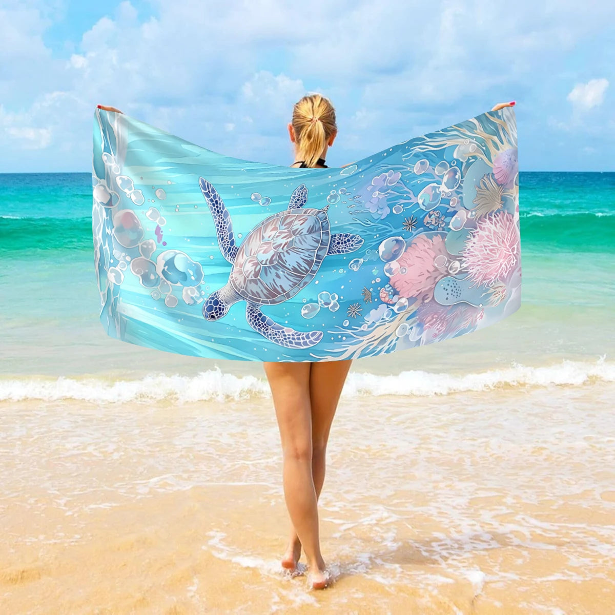 Großes Strandtuch mit Ozean-Motiv – Schildkröte, Seestern & Muschel Print | Schnell Trocknendes Saugfähiges Mikrofaser Strandtuch
