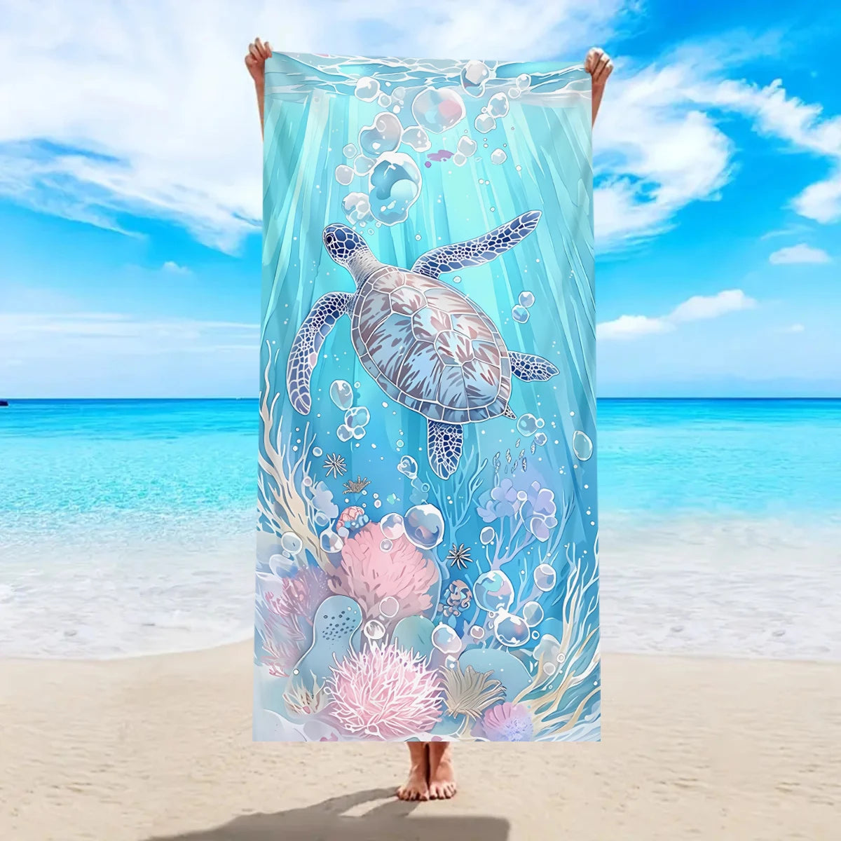 Großes Strandtuch mit Ozean-Motiv – Schildkröte, Seestern & Muschel Print | Schnell Trocknendes Saugfähiges Mikrofaser Strandtuch