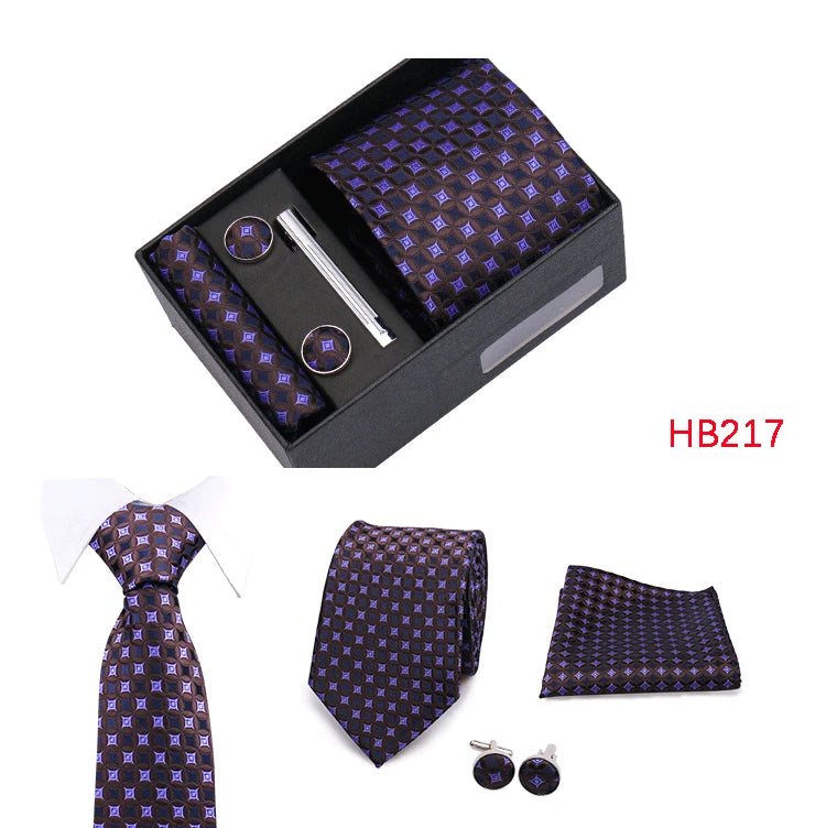 Herren Jacquard-Krawatten-Set 8 cm – Elegante Krawatte mit Einstecktuch, Manschettenknöpfen & Krawattenklammer | Luxus-Geschenkbox für Hochzeit & Business Kaufschwan®
