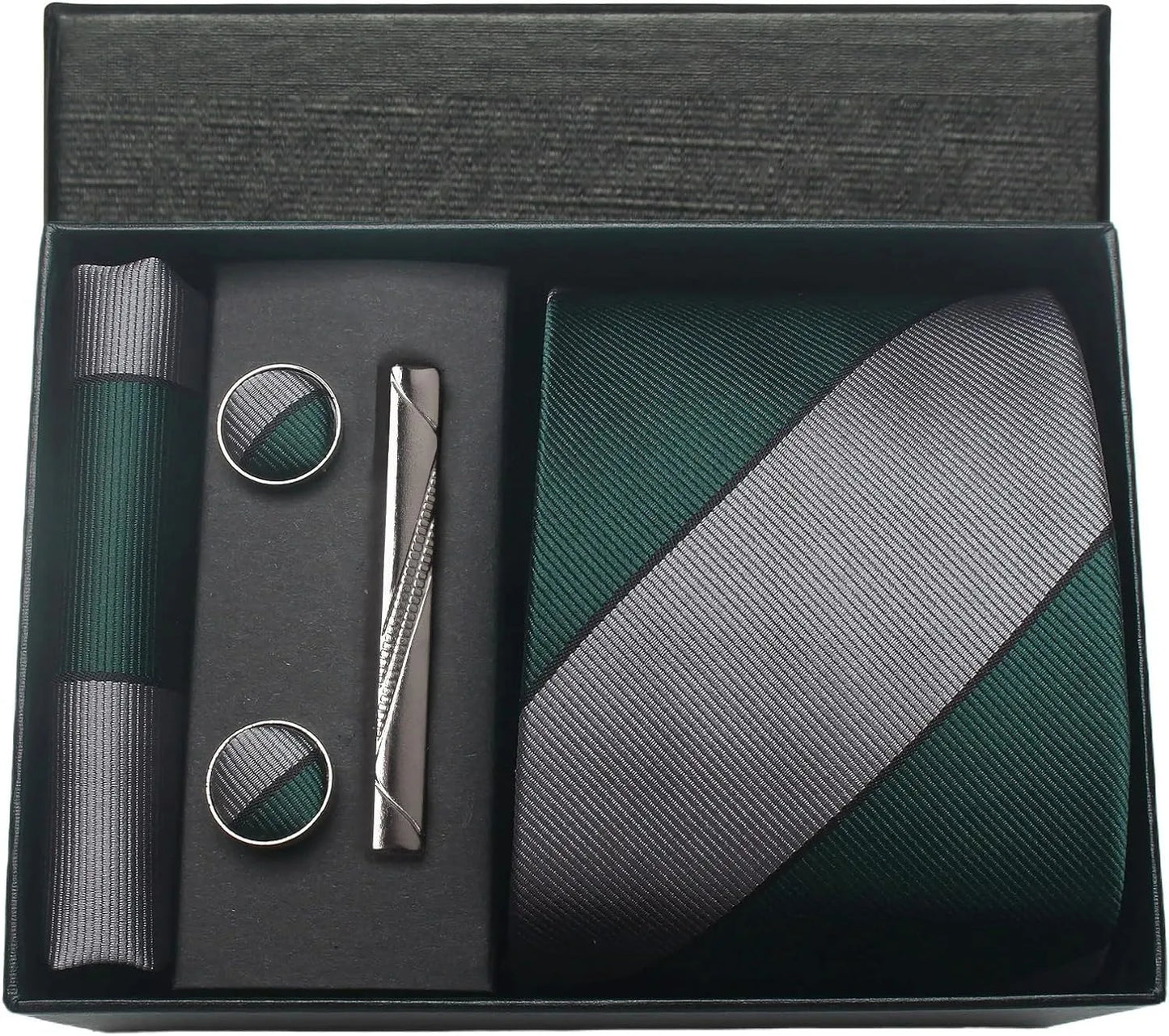Herren Krawatten-Set aus 100% Seide – 8 cm Krawatte mit Einstecktuch & Manschettenknöpfen | Klassisches Geschenkset für Business & Hochzeit