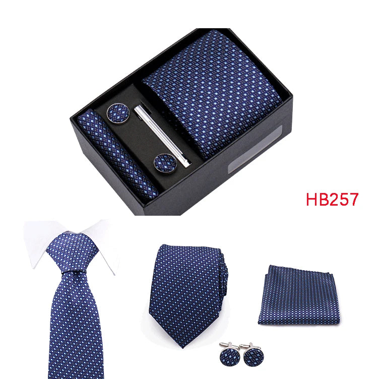 Herren Jacquard-Krawatten-Set 8 cm – Elegante Krawatte mit Einstecktuch, Manschettenknöpfen & Krawattenklammer | Luxus-Geschenkbox für Hochzeit & Business