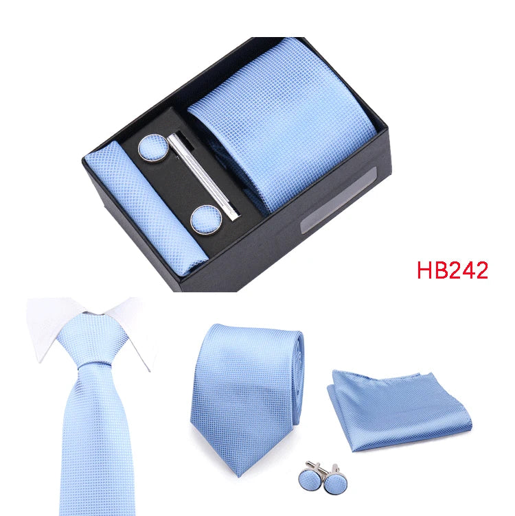 Herren Jacquard-Krawatten-Set 8 cm – Elegante Krawatte mit Einstecktuch, Manschettenknöpfen & Krawattenklammer | Luxus-Geschenkbox für Hochzeit & Business