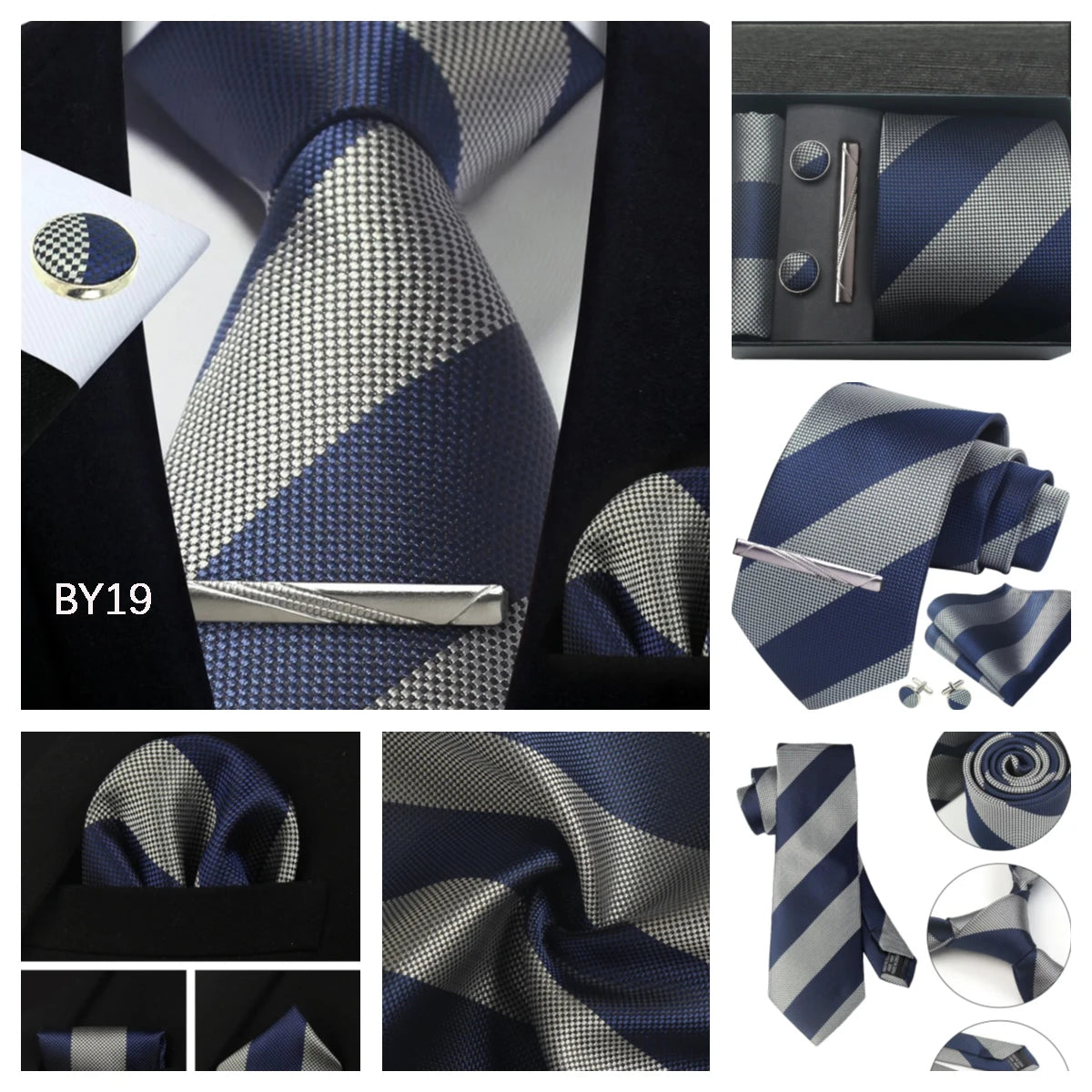 Herren Krawatten-Set aus 100% Seide – 8 cm Krawatte mit Einstecktuch & Manschettenknöpfen | Klassisches Geschenkset für Business & Hochzeit