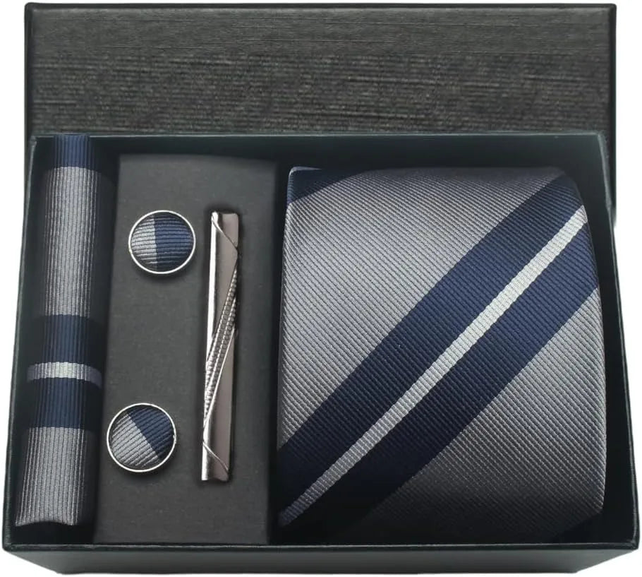 Herren Krawatten-Set aus 100% Seide – 8 cm Krawatte mit Einstecktuch & Manschettenknöpfen | Klassisches Geschenkset für Business & Hochzeit