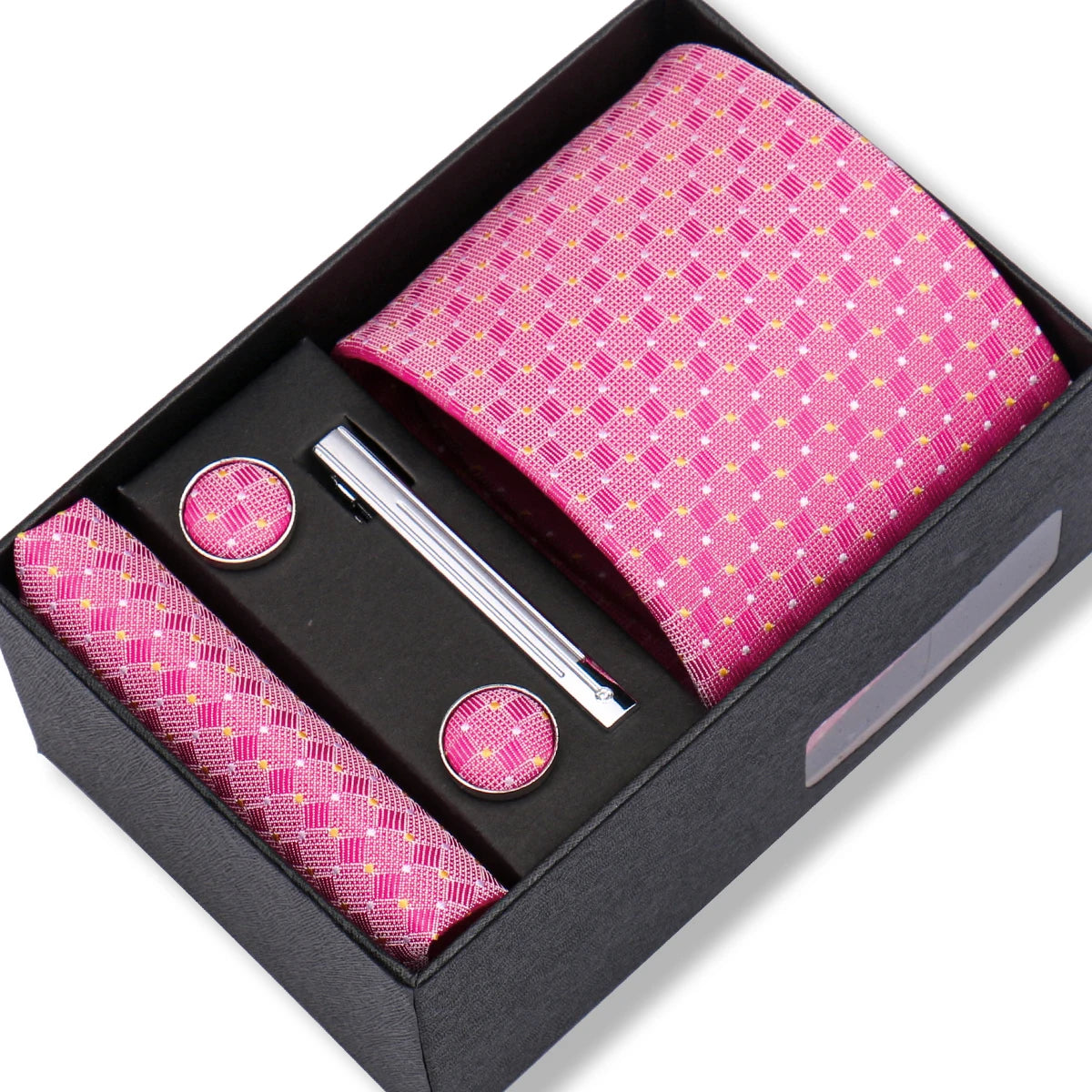 Herren Jacquard-Krawatten-Set 8 cm – Elegante Krawatte mit Einstecktuch, Manschettenknöpfen & Krawattenklammer | Luxus-Geschenkbox für Hochzeit & Business