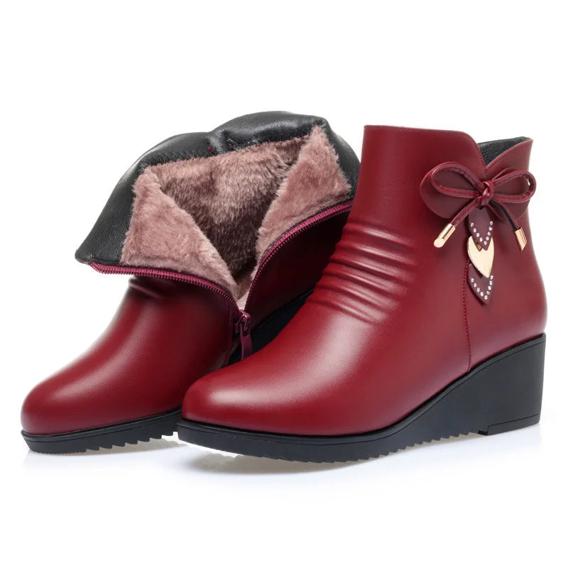 Damen Warme Baumwollschuhe – Weiche Leder Kunstfell Gefütterte Knöchelstiefel | Plateau Keilstiefel Rutschfest Kurzschaft Stiefel für Mütter