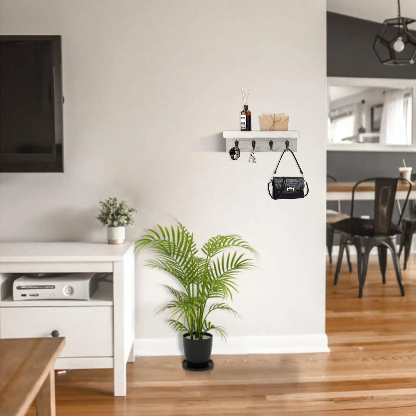 Rustikaler Holz Schlüsselhalter für die Wand – Landhausstil Wandregal | Wandmontierter Organizer mit 4 Metallhaken für Schlüssel & Deko