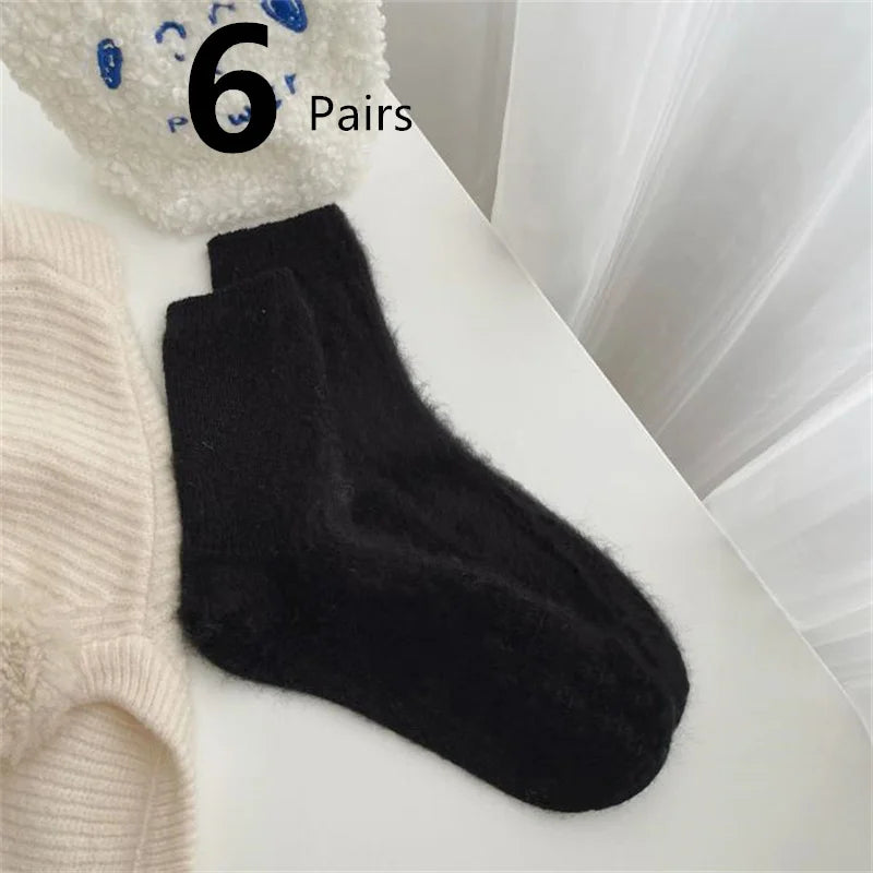1-12 Paare Damen Herbst Winter Dicke Warme Mittellange Socken | Modische Macaron Farbige Flauschige Bequeme Freizeit Socken Kaufschwan® 6 Paare - Schwarz Einheitsgröße