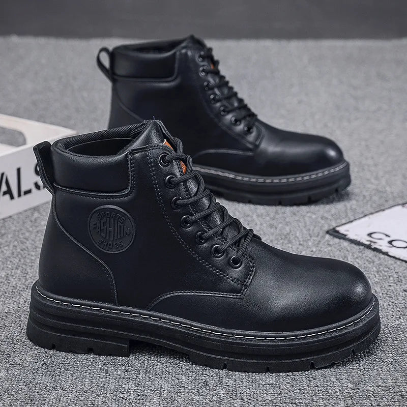 Herren Herbst-Stiefel – Modische Hohe Motorrad-Lederschuhe | Bequeme Outdoor-Schnürstiefel für Freizeit & Alltag Kaufschwan® Schwarz 39