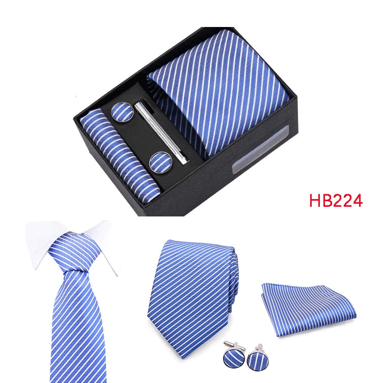 Herren Jacquard-Krawatten-Set 8 cm – Elegante Krawatte mit Einstecktuch, Manschettenknöpfen & Krawattenklammer | Luxus-Geschenkbox für Hochzeit & Business Kaufschwan®