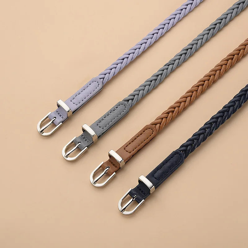 Geflochtener PU Gürtel für Damen – Goth Retro Stil | Dünner Schwarzer Taillengürtel mit Dornschließe für Kleider & Jeans