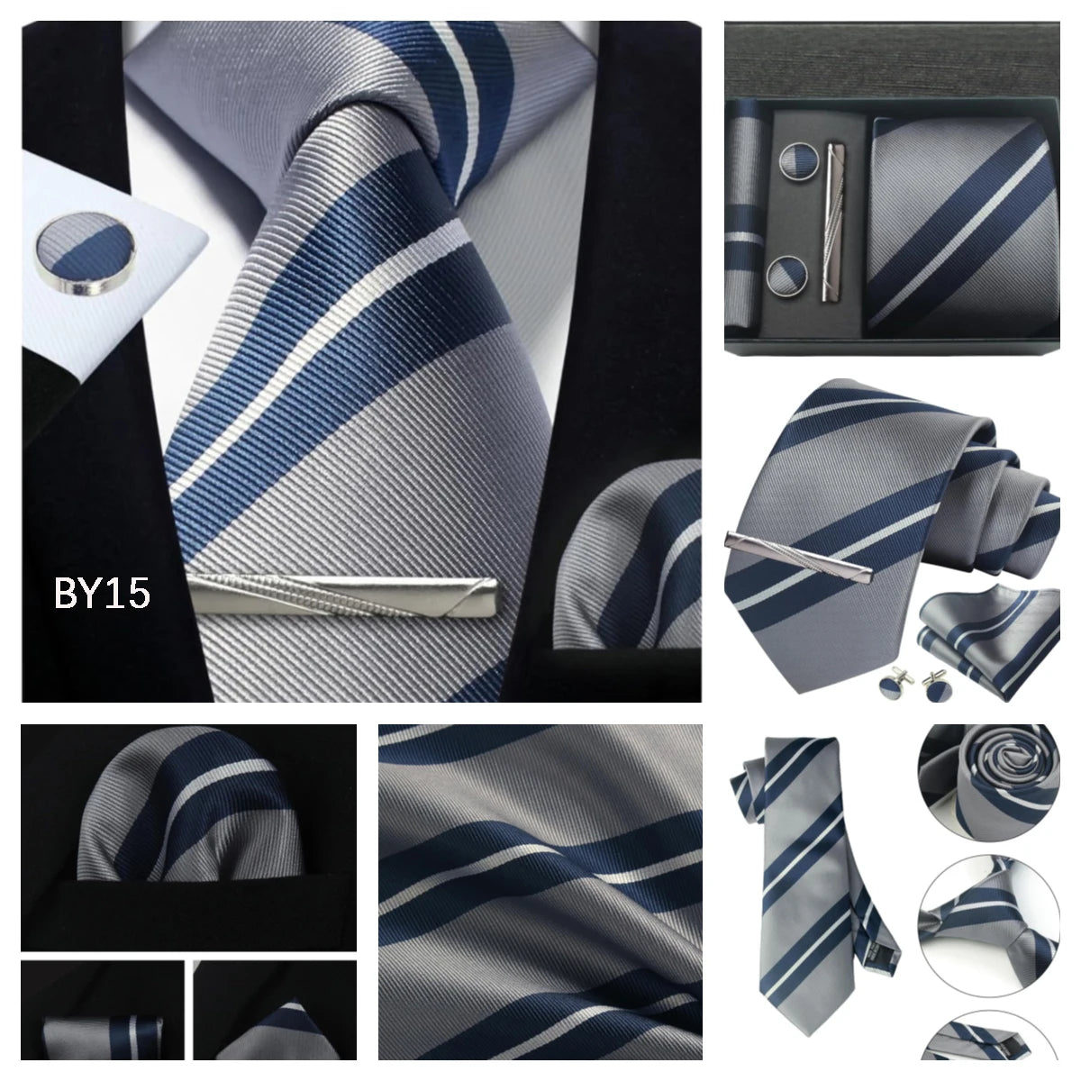 Herren Krawatten-Set aus 100% Seide – 8 cm Krawatte mit Einstecktuch & Manschettenknöpfen | Klassisches Geschenkset für Business & Hochzeit
