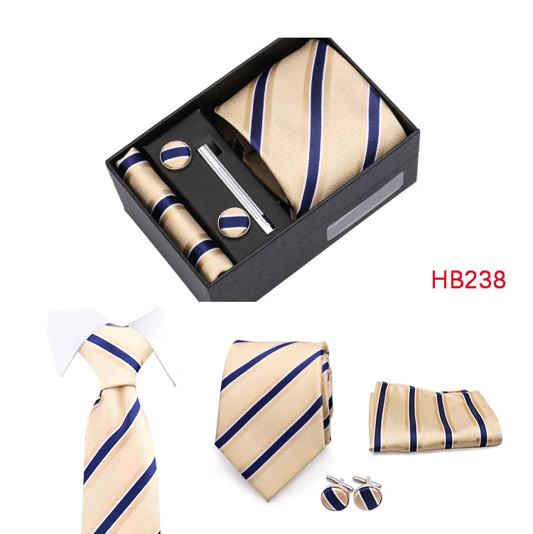Herren Jacquard-Krawatten-Set 8 cm – Elegante Krawatte mit Einstecktuch, Manschettenknöpfen & Krawattenklammer | Luxus-Geschenkbox für Hochzeit & Business