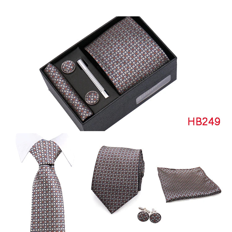 Herren Jacquard-Krawatten-Set 8 cm – Elegante Krawatte mit Einstecktuch, Manschettenknöpfen & Krawattenklammer | Luxus-Geschenkbox für Hochzeit & Business