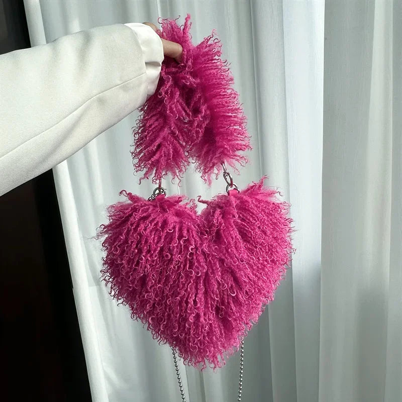 Herzförmige Plüsch Crossbody Tasche – Süße Love Kunstfell Damen Schultertasche & Flauschige Unterarm Handtasche