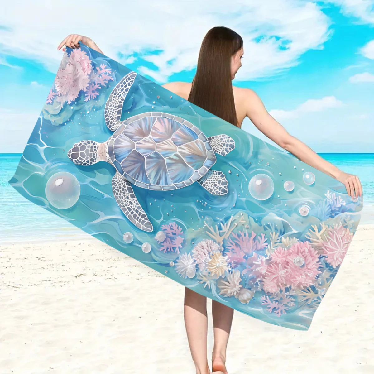 Großes Strandtuch mit Ozean-Motiv – Schildkröte, Seestern & Muschel Print | Schnell Trocknendes Saugfähiges Mikrofaser Strandtuch