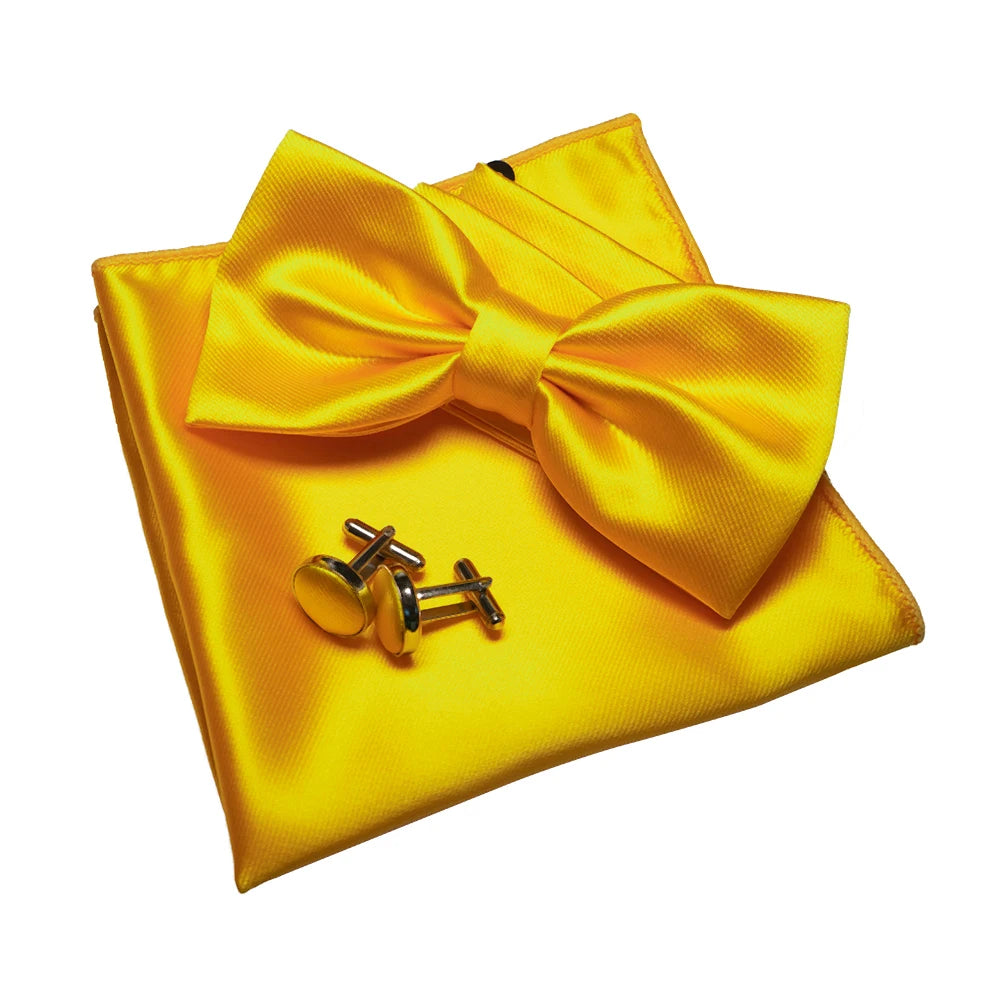 Herren Satin-Fliegen-Set – Elegante Fliege mit Manschettenknöpfen & Einstecktuch | Glänzendes Accessoire für Business & Hochzeit Kaufschwan® Gelb