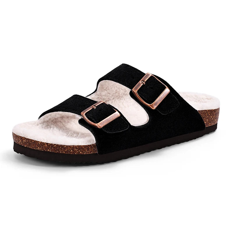 Klassische Winter-Pantoffeln | Unisex Fell-Suede Clogs | Kuschelige Hausschuhe mit Verstellbarer Schnalle & Kork-Fußbett Kaufschwan® Design 3 44