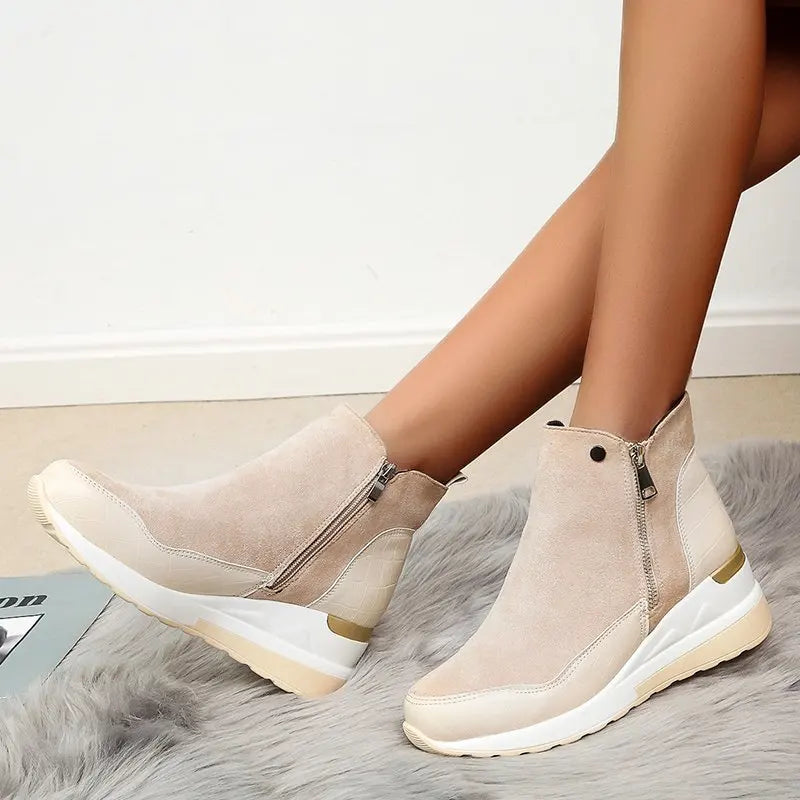 Damen Winterstiefel – Modische Plateau Knöchelstiefel | Warme Kunstfell Gefütterte Keilabsatz Schneestiefel für Damen & Mädchen
