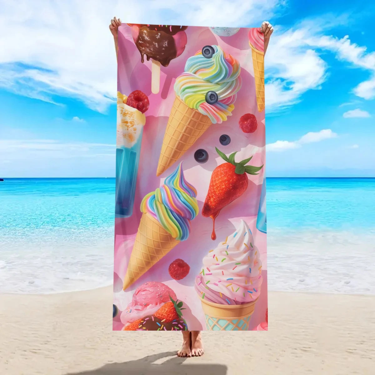 Strandtuch mit Eiscreme-Motiv – Schnell Trocknendes & Saugfähiges Mikrofaser Handtuch | Lustiges Sommer Handtuch für Reisen, Sport & Yoga