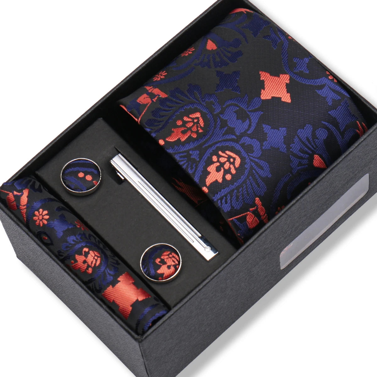 Herren Jacquard-Krawatten-Set 8 cm – Elegante Krawatte mit Einstecktuch, Manschettenknöpfen & Krawattenklammer | Luxus-Geschenkbox für Hochzeit & Business