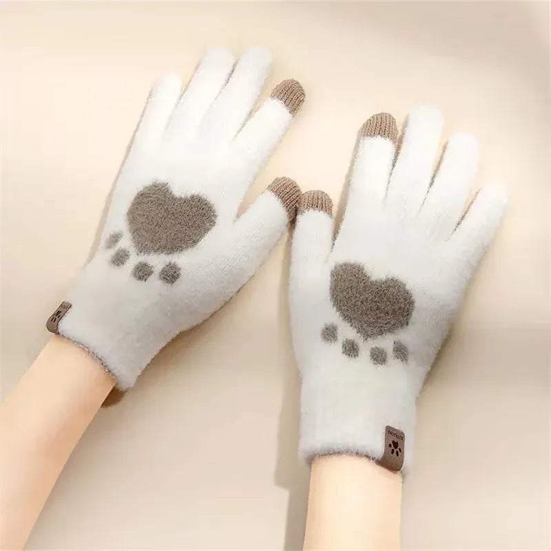 Damen Winter Pfoten Handschuhe – Flauschige Warme Strickhandschuhe | Touchscreen Vollfinger Fäustlinge für Kaltes Wetter Kaufschwan® Weiß