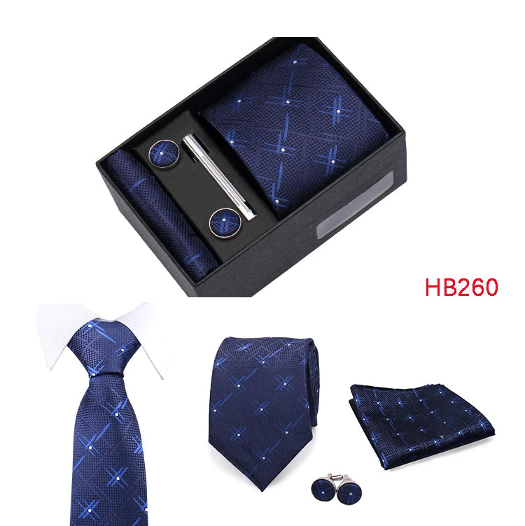 Herren Jacquard-Krawatten-Set 8 cm – Elegante Krawatte mit Einstecktuch, Manschettenknöpfen & Krawattenklammer | Luxus-Geschenkbox für Hochzeit & Business