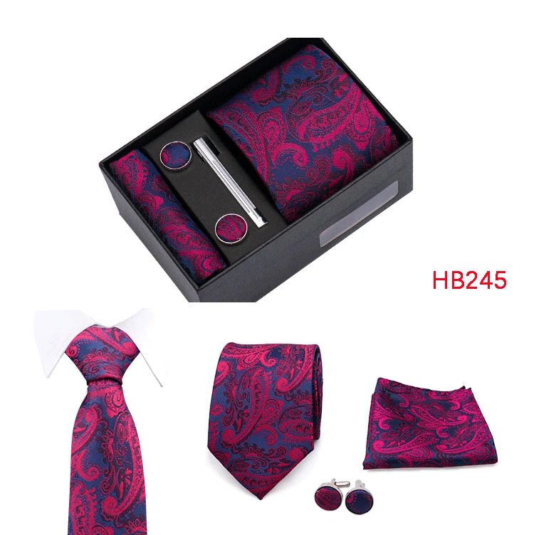 Herren Jacquard-Krawatten-Set 8 cm – Elegante Krawatte mit Einstecktuch, Manschettenknöpfen & Krawattenklammer | Luxus-Geschenkbox für Hochzeit & Business