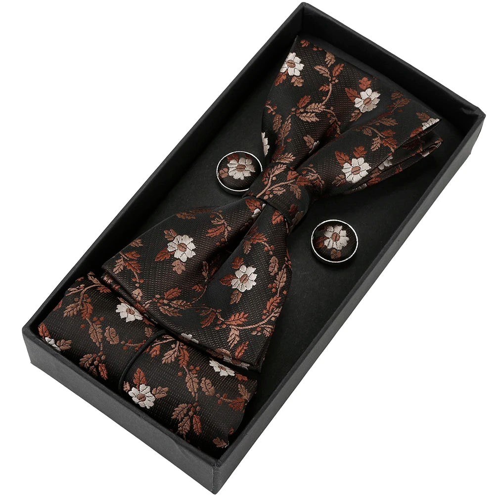 Herren Fliegen-Set mit Blumen-Paisley-Muster – 3-teiliges Geschenkset mit Fliege, Einstecktuch & Manschettenknöpfen | Elegantes Accessoire für Hochzeit & Business Kaufschwan® Dunkelbraun