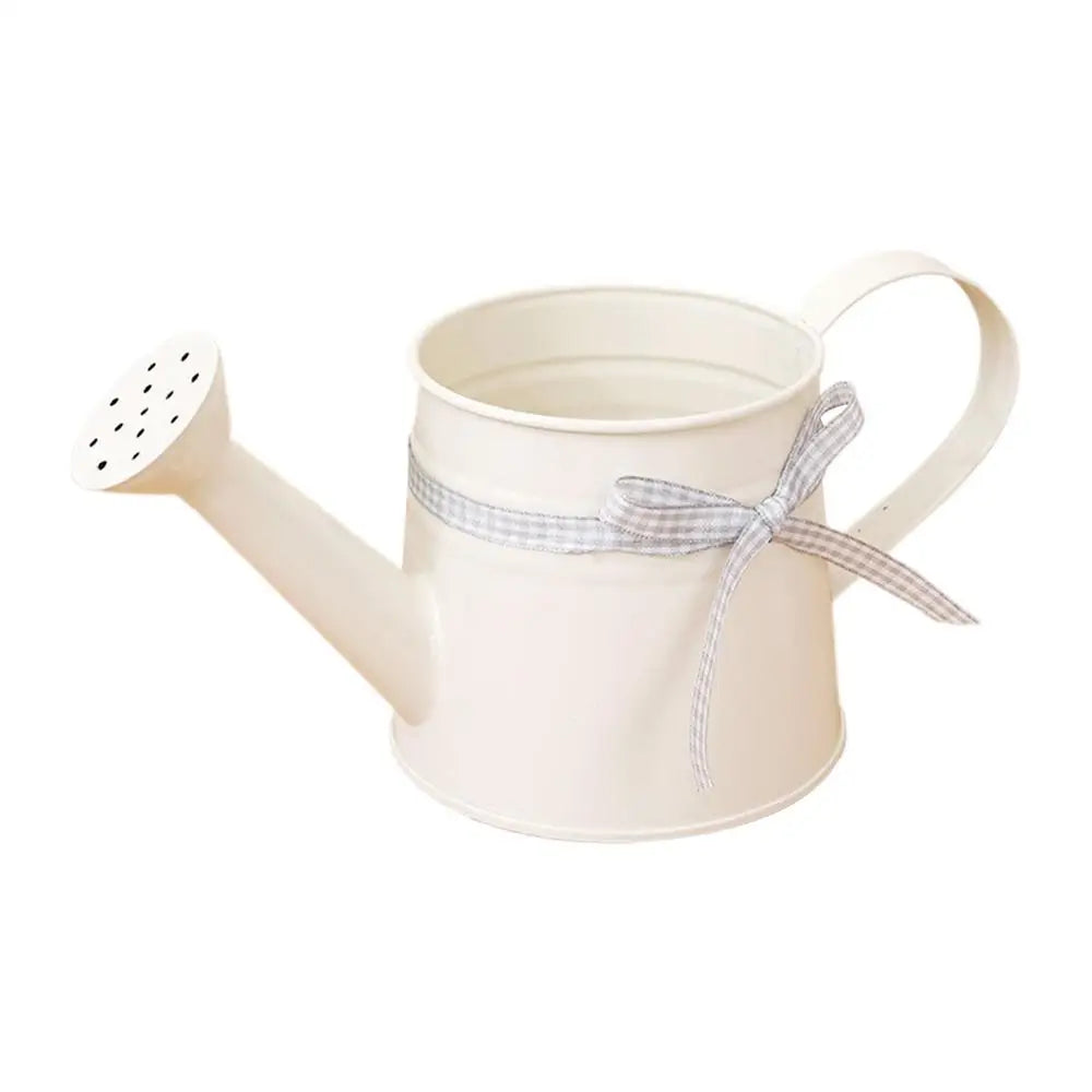 Mini Watering Can 1L Metal Pot with Sprinkler Head and Gingham Ribbon Modern Plant Watering Cans for Home Office Balcony Garden Kaufschwan® Weiß
