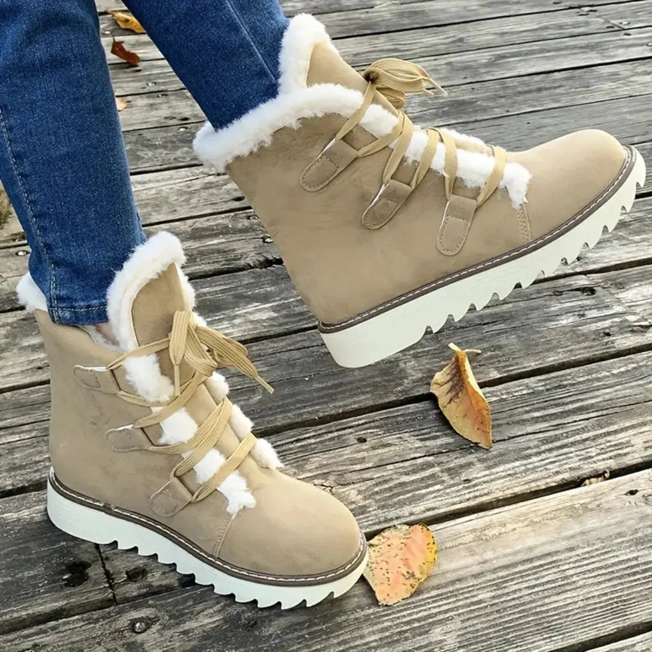 Damen Winter Schneestiefel – Wasserdichte Mittelhohe Schnürstiefel | Wärmeisolierte Outdoor Schuhe mit Kunstfell Futter & Rutschfester Sohle
