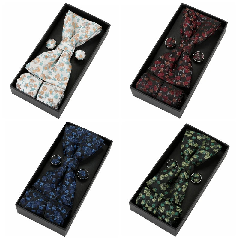 Herren Fliegen-Set mit Blumen-Paisley-Muster – 3-teiliges Geschenkset mit Fliege, Einstecktuch & Manschettenknöpfen | Elegantes Accessoire für Hochzeit & Business Kaufschwan®