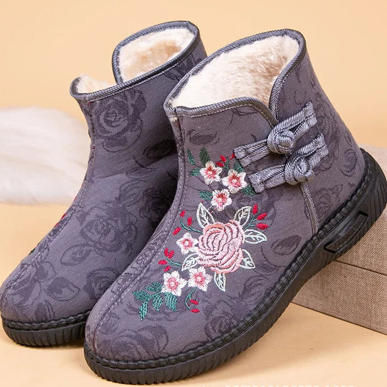 Damen Bestickte Schneestiefel – Mittelhohe Baumwollstiefel mit Kunstfell Fleece Futter | Warme Winter Schuhe für Mütter