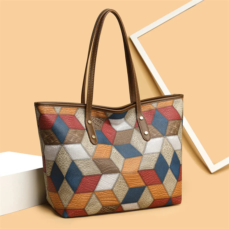 Damenhandtasche mit Großem Fassungsvermögen – Lässige PU Leder Patchwork Tote | Modische Unterarm & Schultertasche Kaufschwan® Blau