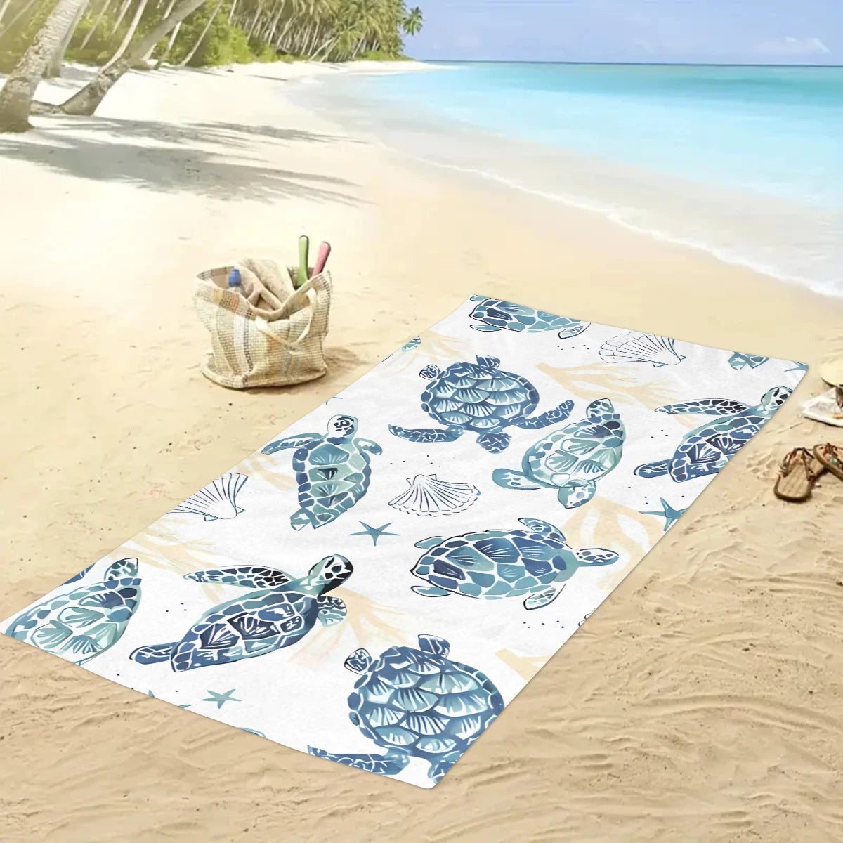 Großes Strandtuch mit Ozean-Motiv – Schildkröte, Seestern & Muschel Print | Schnell Trocknendes Saugfähiges Mikrofaser Strandtuch