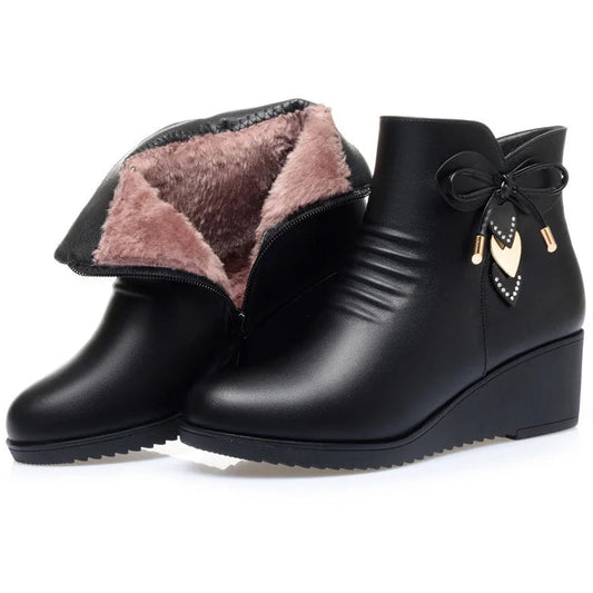 Damen Warme Baumwollschuhe – Weiche Leder Kunstfell Gefütterte Knöchelstiefel | Plateau Keilstiefel Rutschfest Kurzschaft Stiefel für Mütter