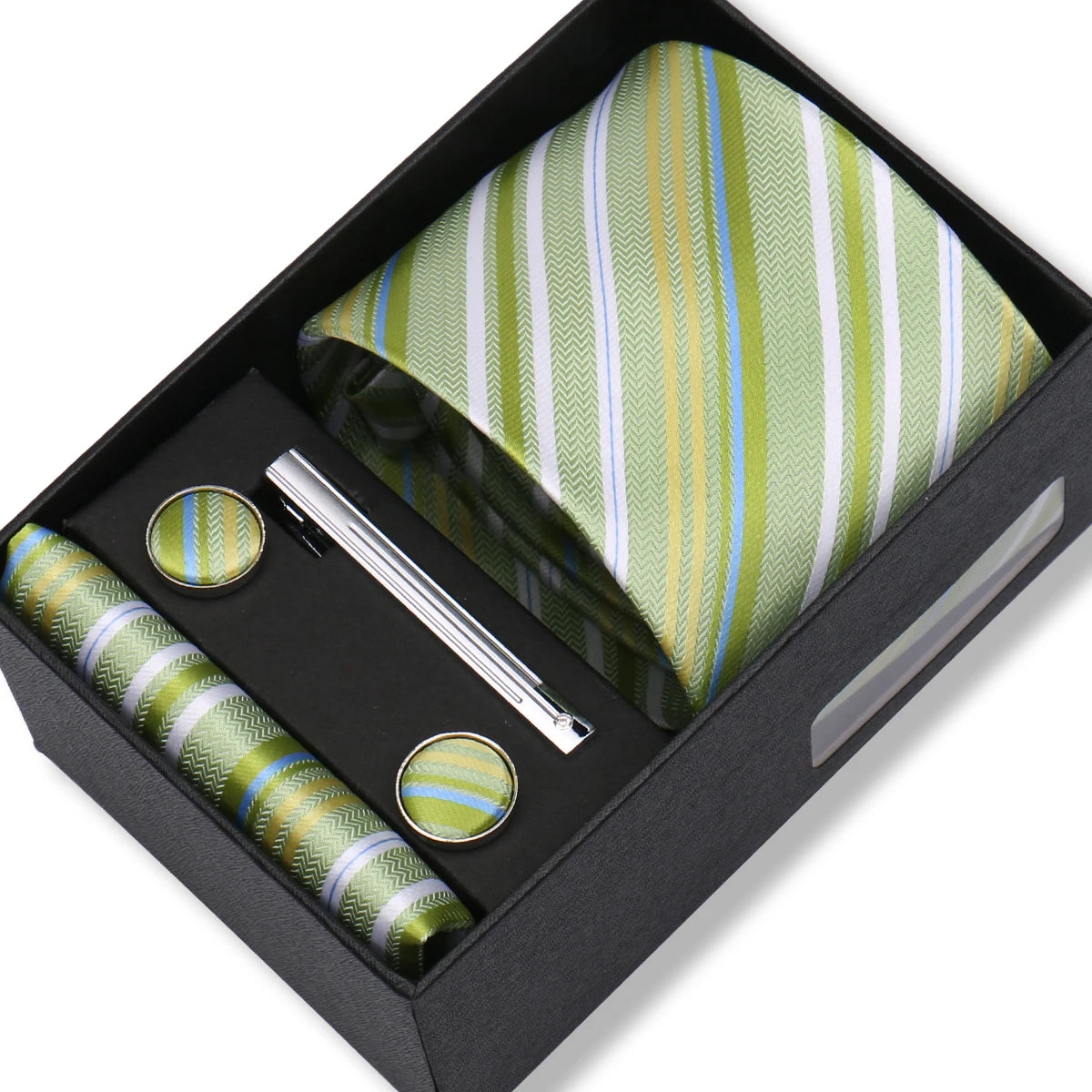 Herren Jacquard-Krawatten-Set 8 cm – Elegante Krawatte mit Einstecktuch, Manschettenknöpfen & Krawattenklammer | Luxus-Geschenkbox für Hochzeit & Business