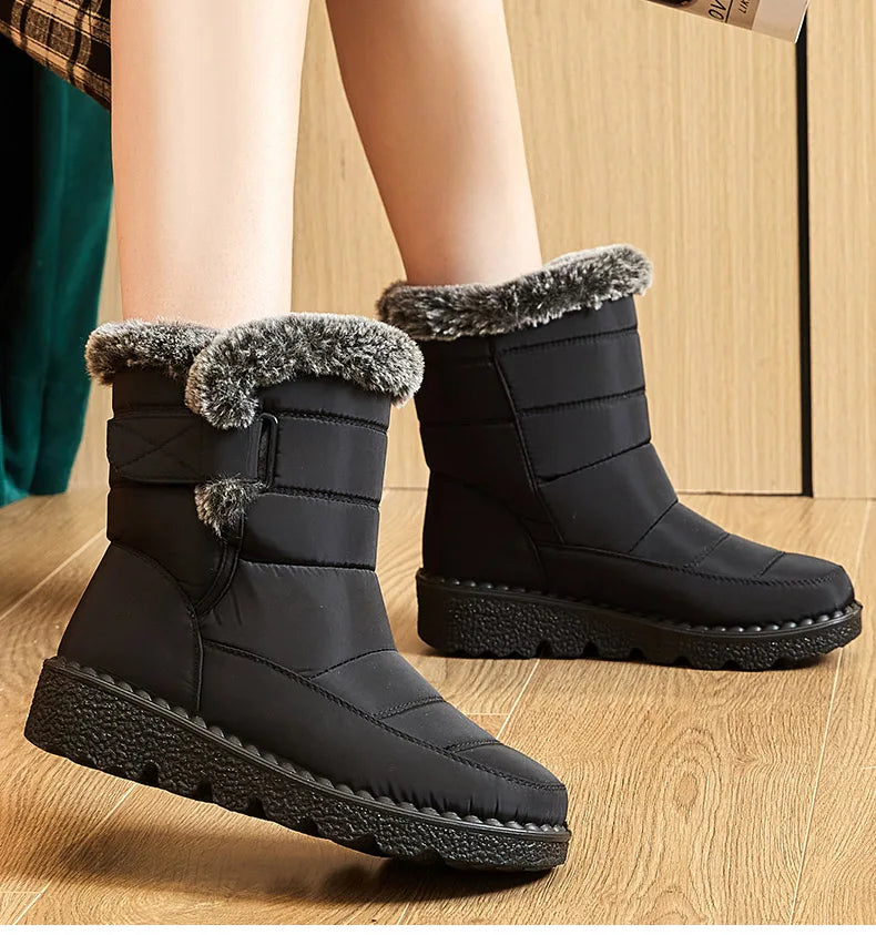 Damen Trendige Winterstiefel – Wasserdichte Knöchelstiefel mit Kunstfell Futter | Warme Low-Heel Schneestiefel für Damen