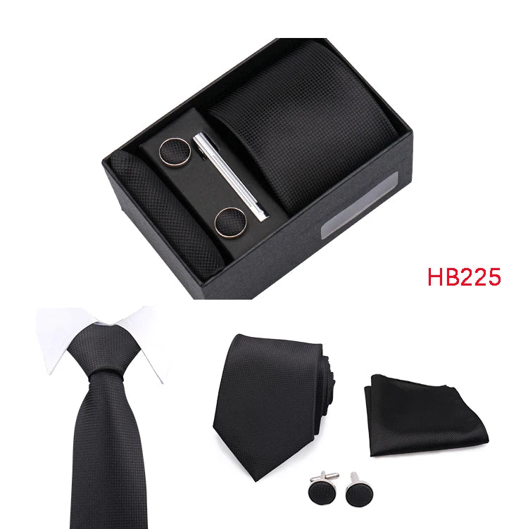 Herren Jacquard-Krawatten-Set 8 cm – Elegante Krawatte mit Einstecktuch, Manschettenknöpfen & Krawattenklammer | Luxus-Geschenkbox für Hochzeit & Business