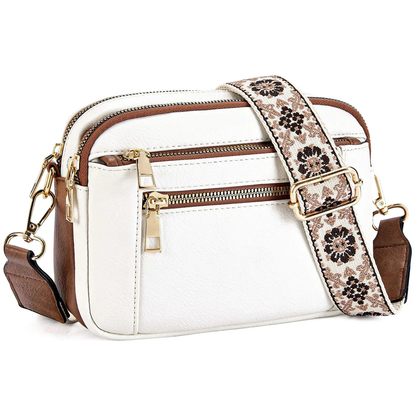 Multifunktionale Color Block Crossbody Tasche – Damen PU Leder Schultertasche & Geldbörse mit Verstellbarem Riemen Kaufschwan® Weiß mit Braun