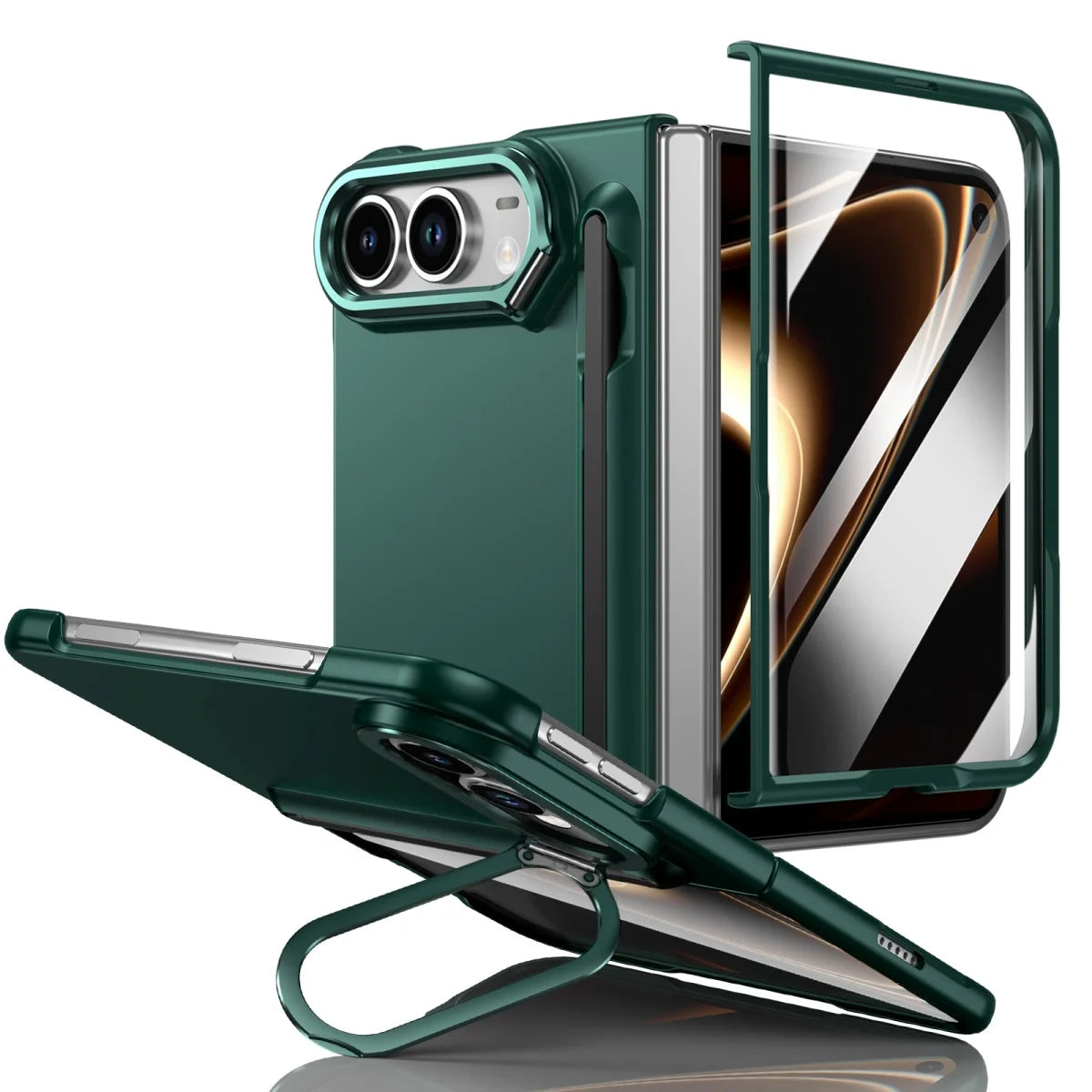 Schützende Klapphülle für iPhone Duo – Stoßfeste Hart-PC-Hülle mit Stifthalter, Displayschutz, Scharnierschutz und Metallständer Kaufschwan® Grün iPhone Duo