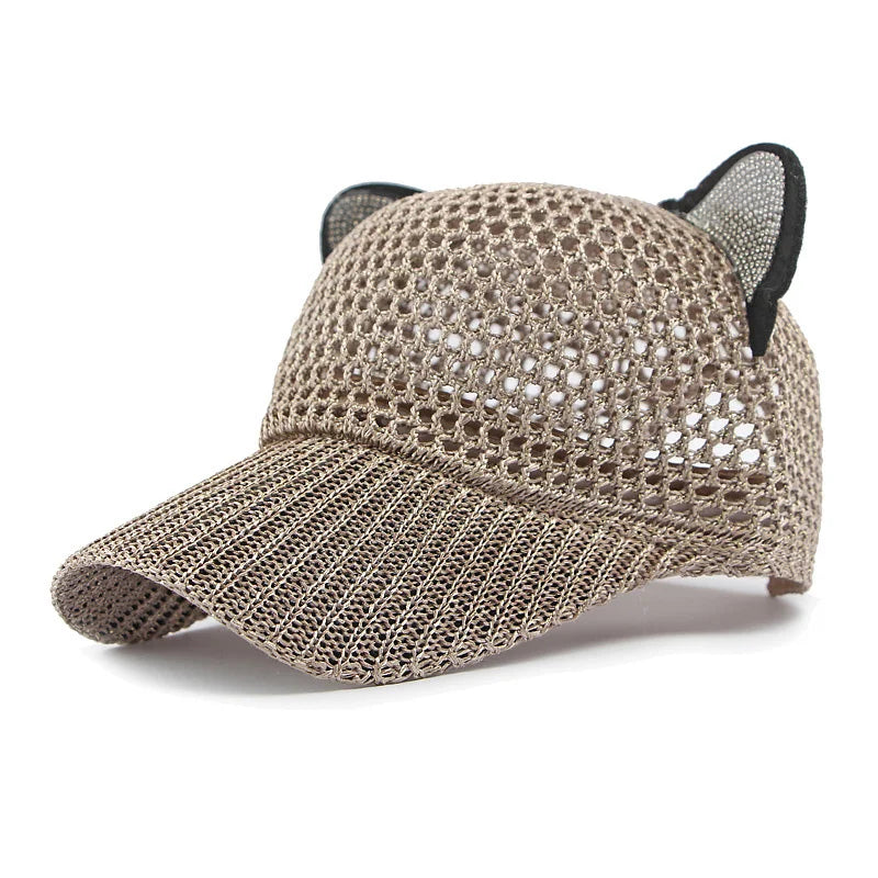 Sommer Damen Niedliche Katzenohren Mesh Baseballkappe | Verstellbarer Sonnenschutz Hut Kaufschwan® Braun