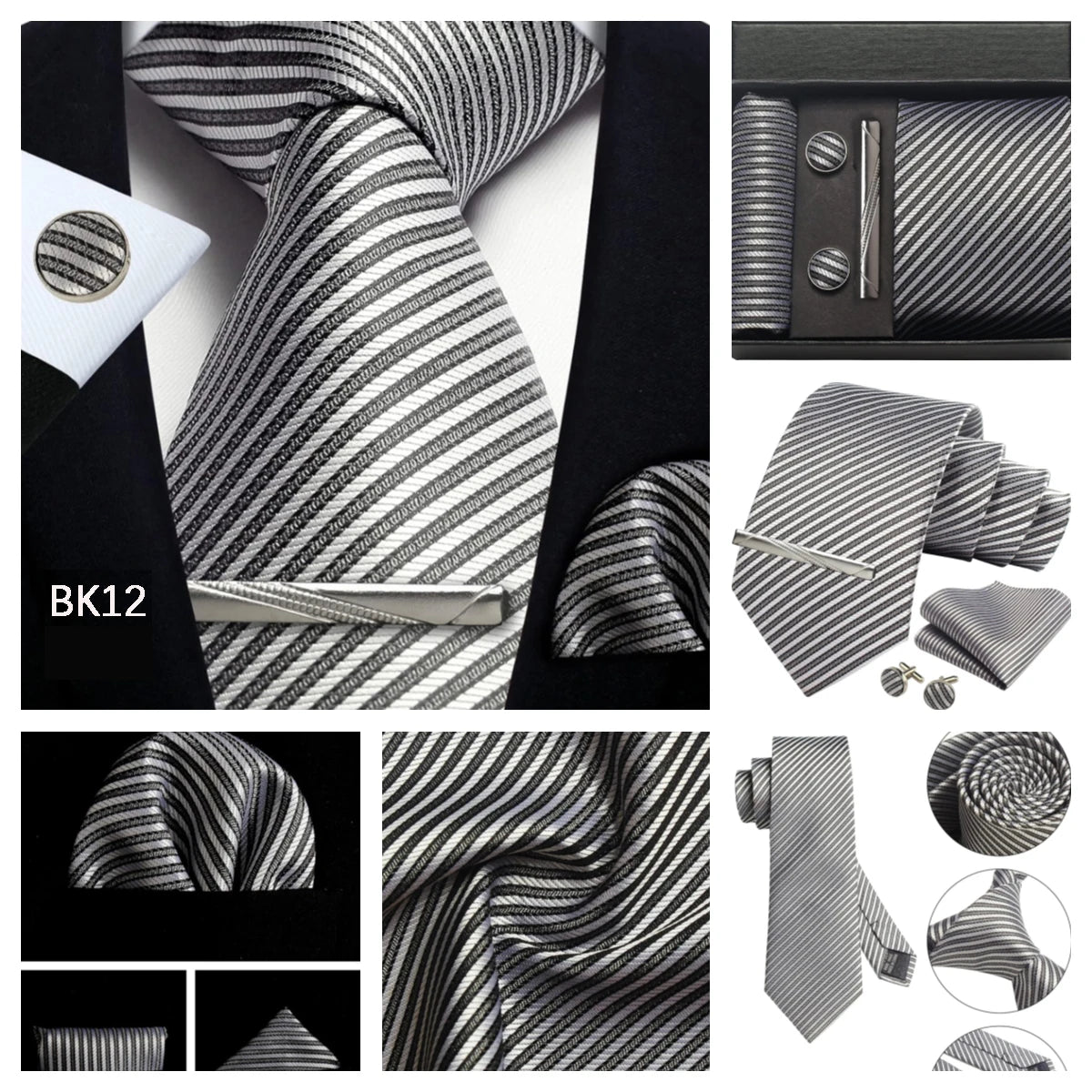 Herren Krawatten-Set aus 100% Seide – 8 cm Krawatte mit Einstecktuch & Manschettenknöpfen | Klassisches Geschenkset für Business & Hochzeit Kaufschwan®