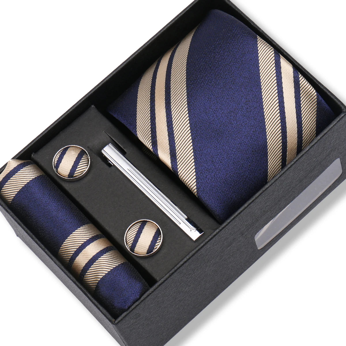 Herren Jacquard-Krawatten-Set 8 cm – Elegante Krawatte mit Einstecktuch, Manschettenknöpfen & Krawattenklammer | Luxus-Geschenkbox für Hochzeit & Business