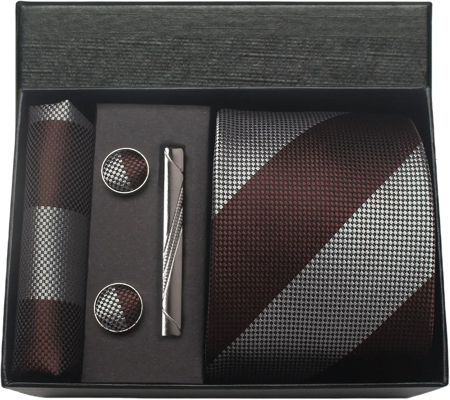 Herren Krawatten-Set aus 100% Seide – 8 cm Krawatte mit Einstecktuch & Manschettenknöpfen | Klassisches Geschenkset für Business & Hochzeit