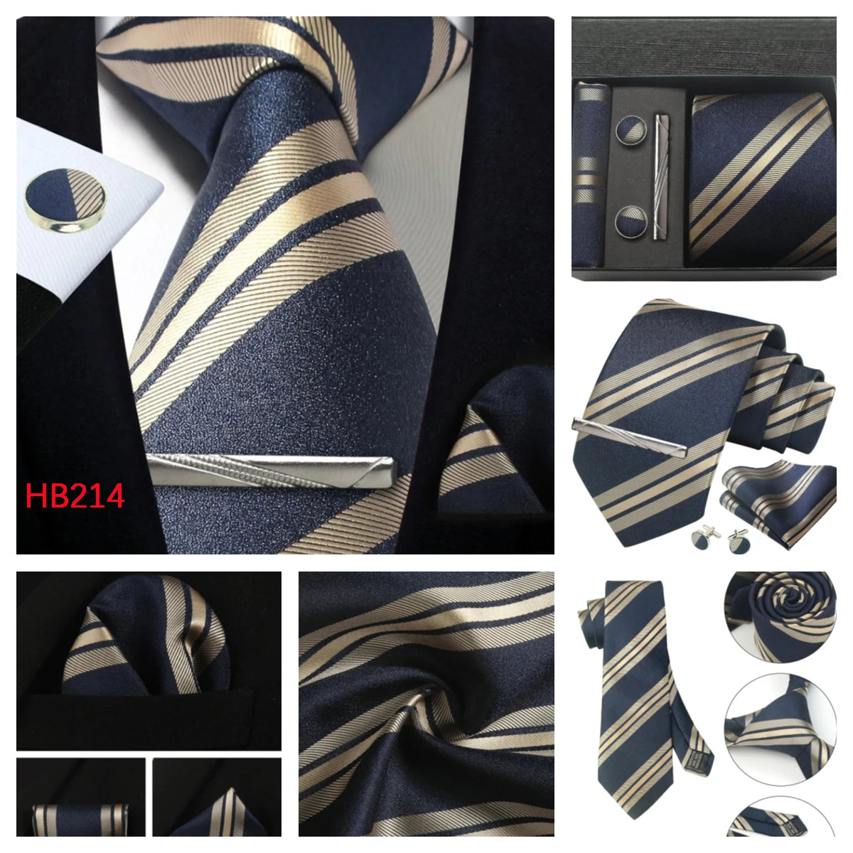 Herren Jacquard-Krawatten-Set 8 cm – Elegante Krawatte mit Einstecktuch, Manschettenknöpfen & Krawattenklammer | Luxus-Geschenkbox für Hochzeit & Business Kaufschwan®
